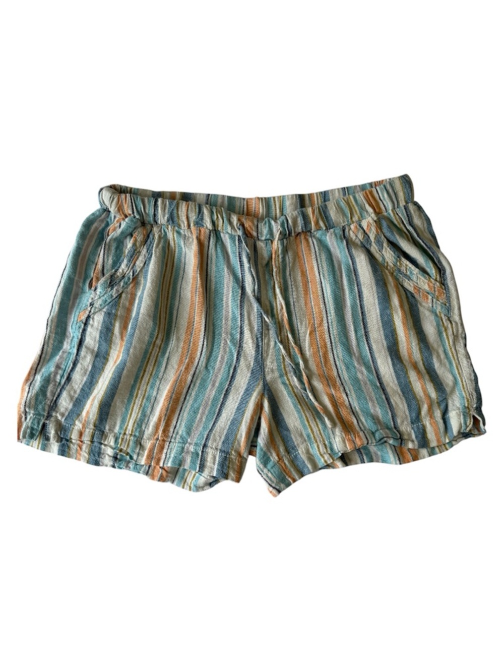 Briggs New York Striped Pull-On Linen Shorts - Aqua, Tan & Cream Size Large